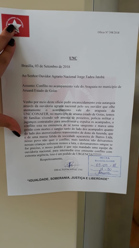 Conflito iminente no oeste de Goiás! UNC e CONAFER pedem com URGÊNCIA Ouvidoria Nacional do INCRA na área!